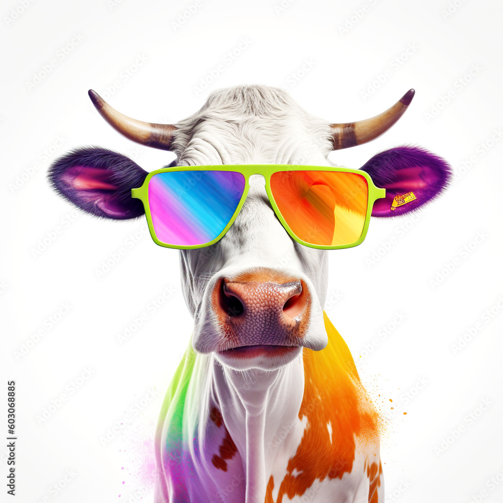 colorful cow with sunglasses on white background. Created with  generative ai