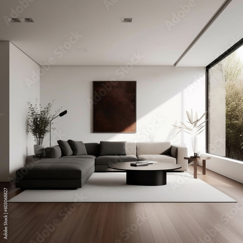 Modern and serene minimalist living room with a neutral color palette, generative AI © Ash