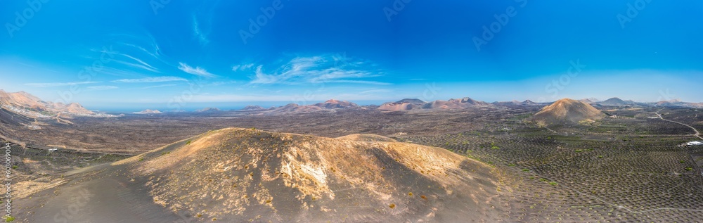 Panoramic drone picture over the barren volcanic Timanfaya National Park on Lanzarote