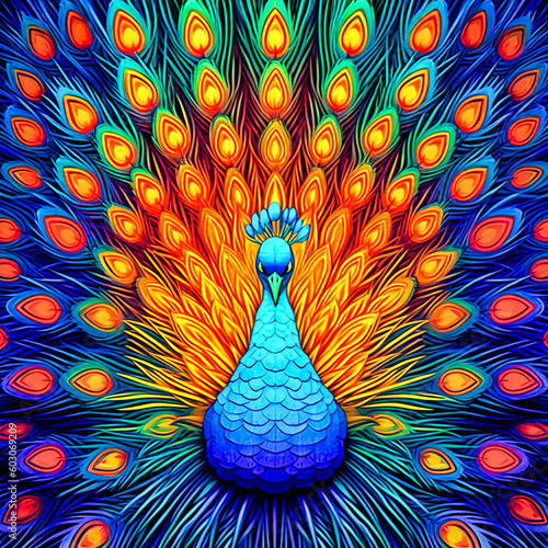 A stylized op art peacock with surreal neon feathe, Generative AI photo