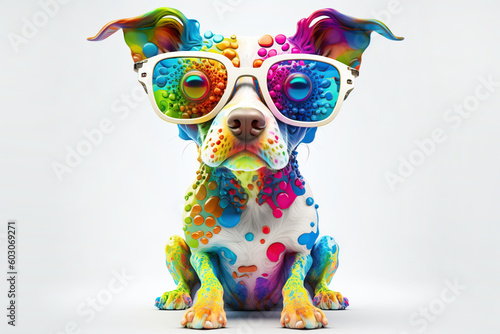 Cartoon colorful dog with sunglasses on white background. Created with generative ai