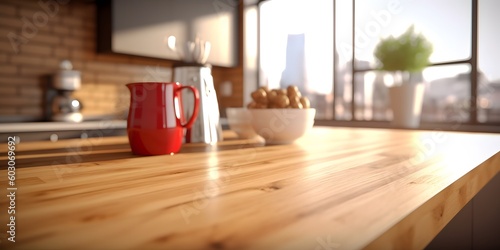 Wooden table top on blur kitchen room background Modern Contemporary kitchen room interior