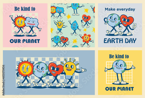 Happy Earth Day retro cards with slogan. Vintage nostalgia cartoon planet mascot character with smiling face. Globe with peace hand gesture. Environment friendly recycle concept. © virinaflora