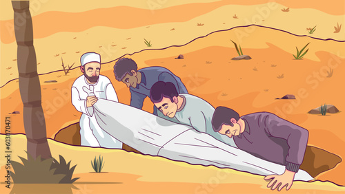 Muslim burial ceremony in the Arabian desert   Vector illustration 