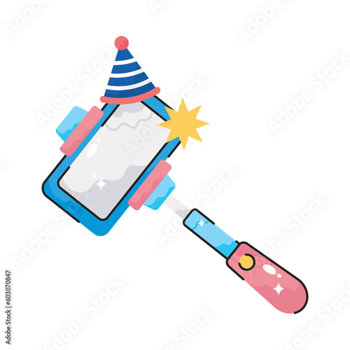 Selfie stick doodle filled vector outline Sticker. EPS 10 file