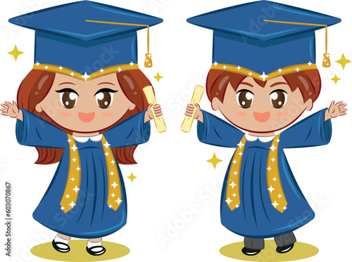 Happy graduated kids with blue cap and gown
