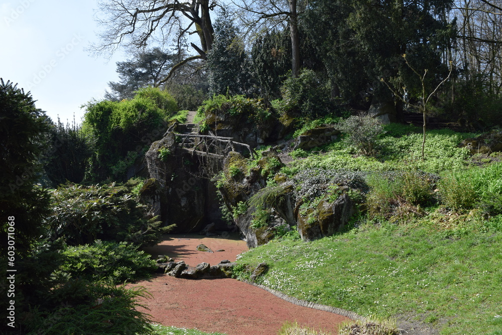 Pond with rock wall in Citadelpark; Belgium; Flanders