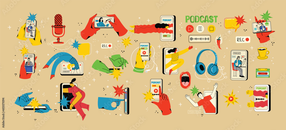 Concept of watching video online, podcast, talk show, tv application, live streaming. Hand holding smartphone with man with microphone on screen. Vector illustration in flat style