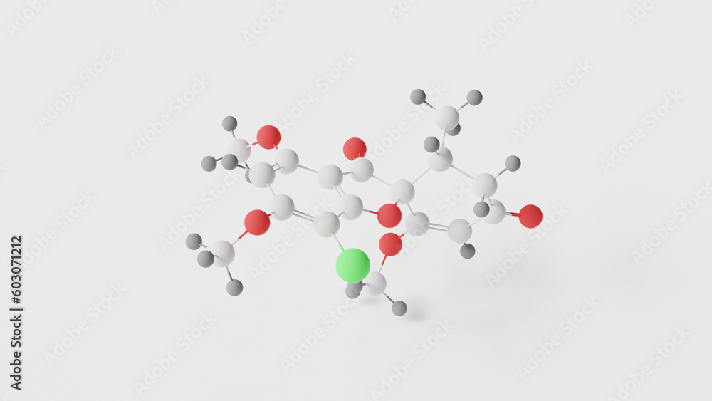 griseofulvin molecule 3d, molecular structure, ball and stick model, structural chemical formula monoterpenoid antifungal medication