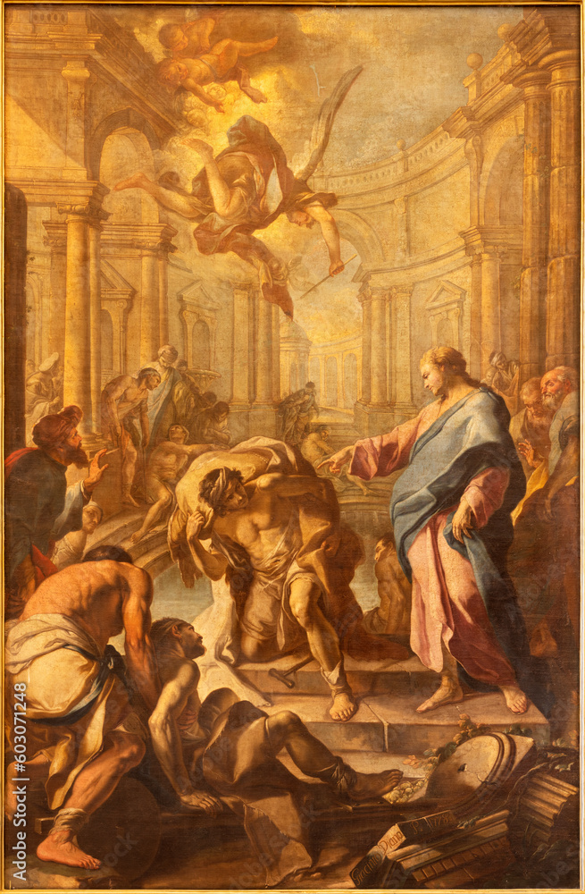 NAPLES, ITALY - APRIL 21, 2023: The painting Christ healing the lame at the pool of Bethesda in the church Chiesa della Santissima Trinita dei Pellegrini by Giacinto Diano (1778).