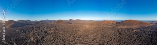 Panoramic drone picture over the barren volcanic Timanfaya National Park on Lanzarote