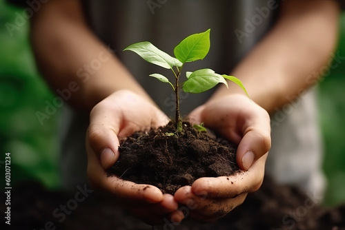 Hands holding small plant growing. Earth day concept. Concept of plant growth and environmental protection. Generative Ai