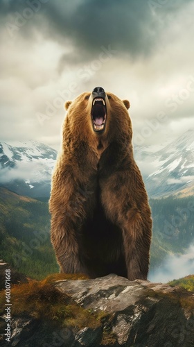 Kodiak Bear Standing Tall on its Hind Legs against the Backdrop of Rugged Alaskan Wilderness. Generative ai