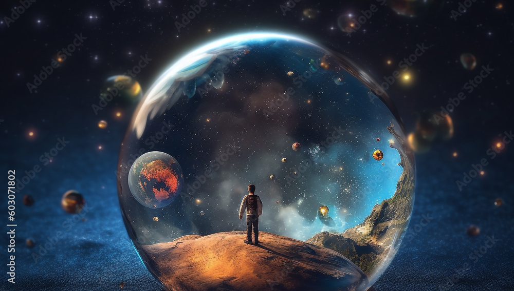 mia giou tiny human in a glass bubble in the vast universe with HD Wallpaper