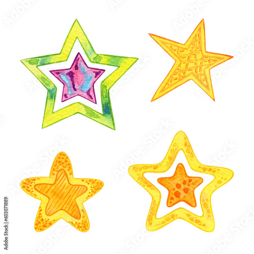 Watercolor Set of Bright Design Elements Yellow Stars Isolated on Transparent Backdrop. Hand-Drawn Illustration.