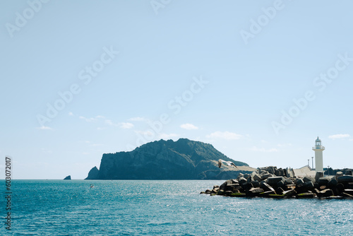 Seongsan Port seascape and Seongsan Ilchulbong in Jeju island, Korea