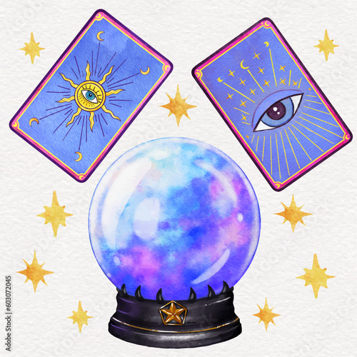 Watercolo magic crystal ball and magic tarot cards