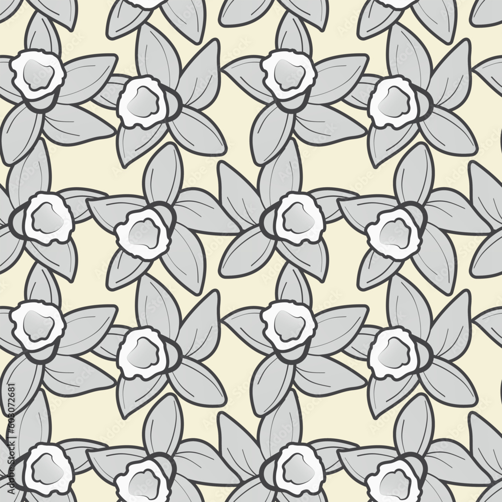 Vanilla monochrome flower on light background seamless pattern. Modern design for wallpaper, print, wrapping paper. Vector illustration. Vanilla monochrome flower on light background seamless pattern. Modern design for wallpaper, print, wrapping paper. Vector illustration.