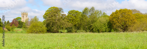 Panorama of lush english landscape with medieval church tower in Shawbury Shropshire