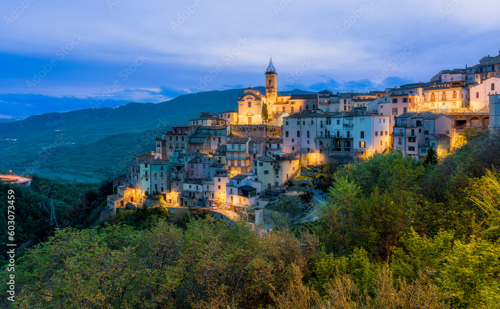 Illuminated Colledimezzo in the evening, beautiful village in Chieti province, Abruzzo, central Italy.