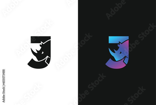 Letter J Rhino logo, combination Letter J and rhino, flat design logo template, vector