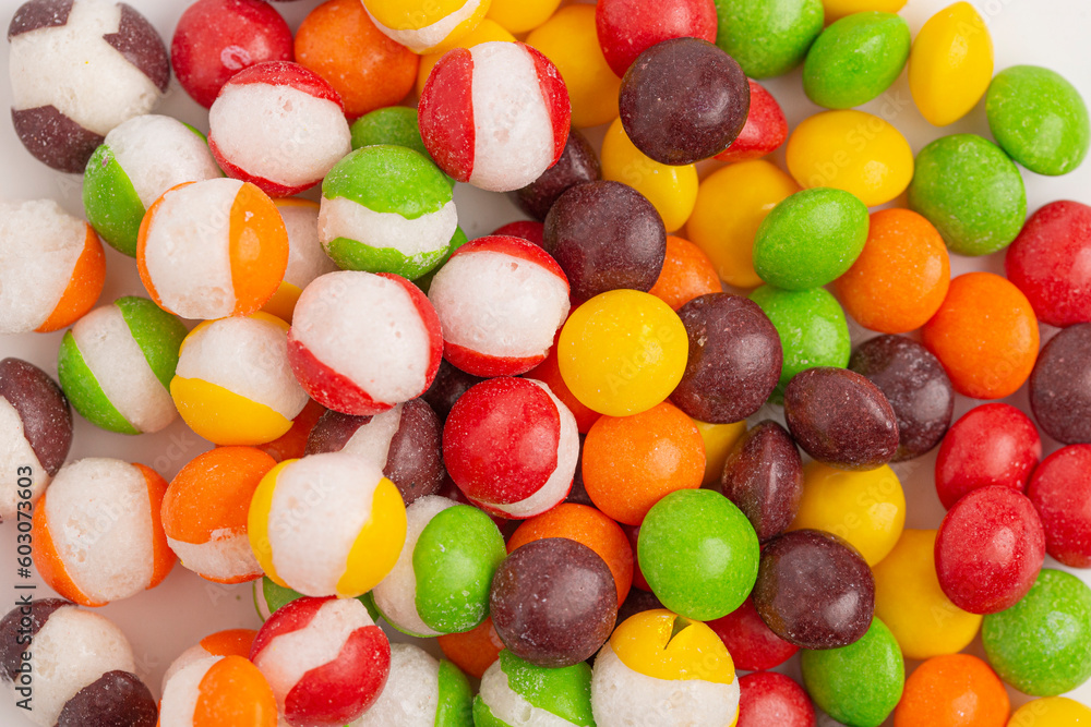 A Background of Freeze Dried Rainbow Candy Macro View A Background of Freeze Dried Rainbow Candy Macro View