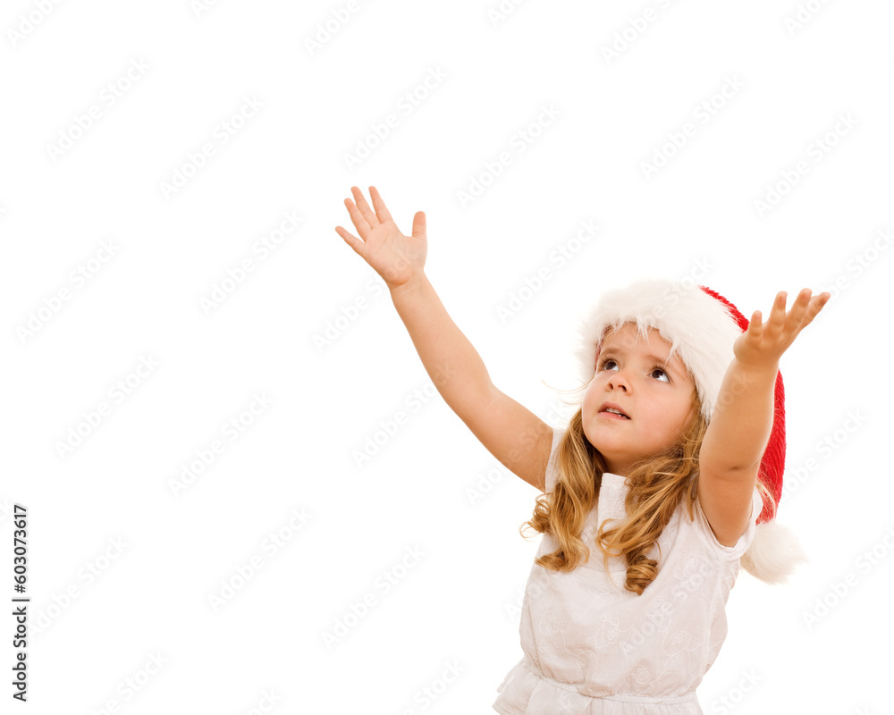 Little girl waiting for the christmas presents to fall - isolated Little girl waiting for the christmas presents to fall - isolated