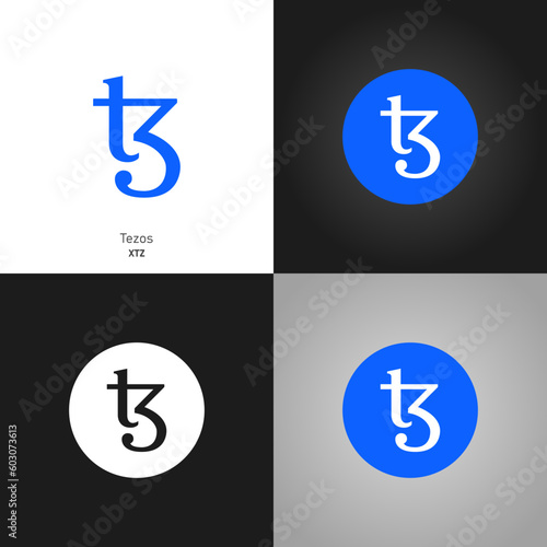 Tezos XTZ token new symbol of the DeFi project. Cryptocurrency logo, decentralized finance. The official coin icon variants on differend backgrounds. Newest actual design. Vector illustration. photo