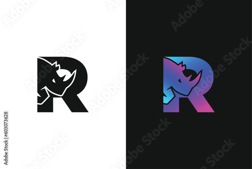 Letter R Rhino logo, combination Letter R and rhino, flat design logo template, vector