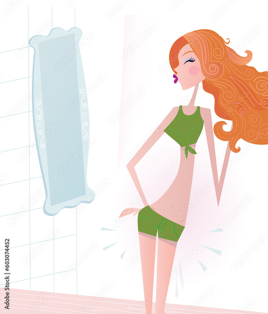 Young slim girl looking on her figure before mirror. Vector Illustration. Young slim girl looking on her figure before mirror. Vector Illustration.