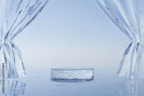 Abstact 3d render winter scene background, Ice podium on the glass ground, backdrop crystal curtain and clear sky for product display advertising or etc