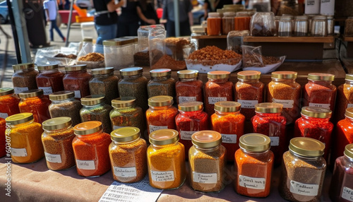 Multi colored jars of spices sold at market generated by AI