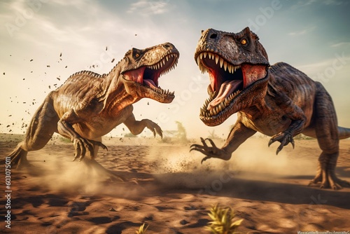 T-Rex and Raptor in an Action-Packed Fight. Generative ai