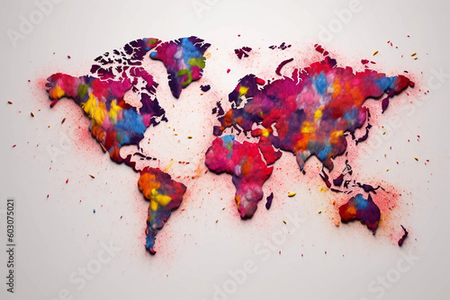 A colorful world map with paint splatters on it. Generative AI