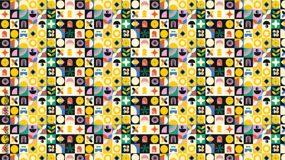 Fototapeta premium Trendy Neo geometric pattern, vector background. Geometry abstract print design. Op art, neo geometry, bauhaus.