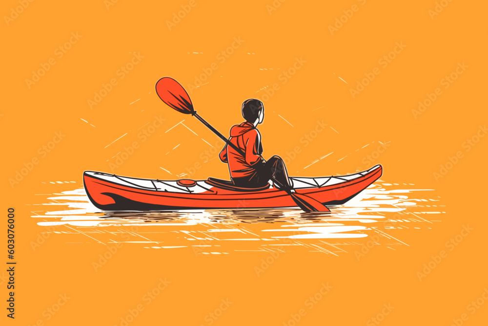 Doodle inspired Kayaker preparing the kayak, cartoon sticker, sketch