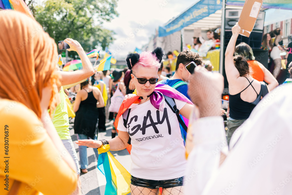 Woman in GAYterosexual t-shirt having great time at Pride Woman in GAYterosexual t-shirt having great time at Pride