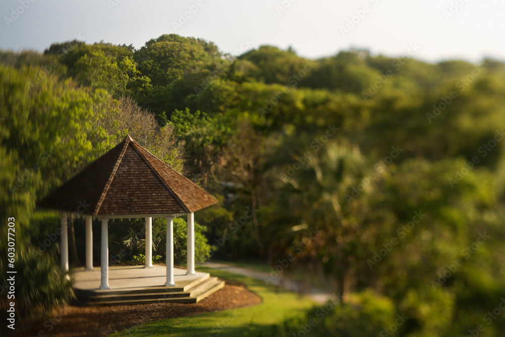 High angle view of a gazebo in a heavily wooded park. Horizontal shot.
