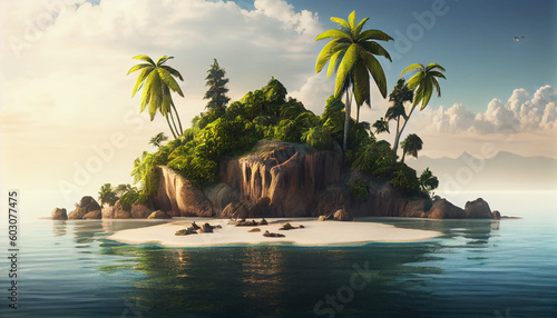 Tropical island with palm trees in the sea. Ai generated image