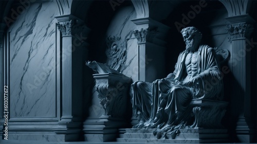 Illustration of Marble Sculpture of a Greek Stoic Philosopher Sitting on a Throne photo