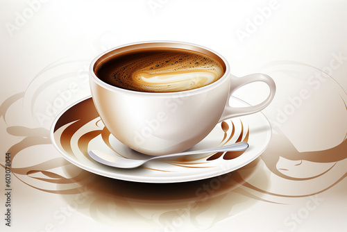 Cup of coffee on a saucer with milk. Digital illustration. Generative ai