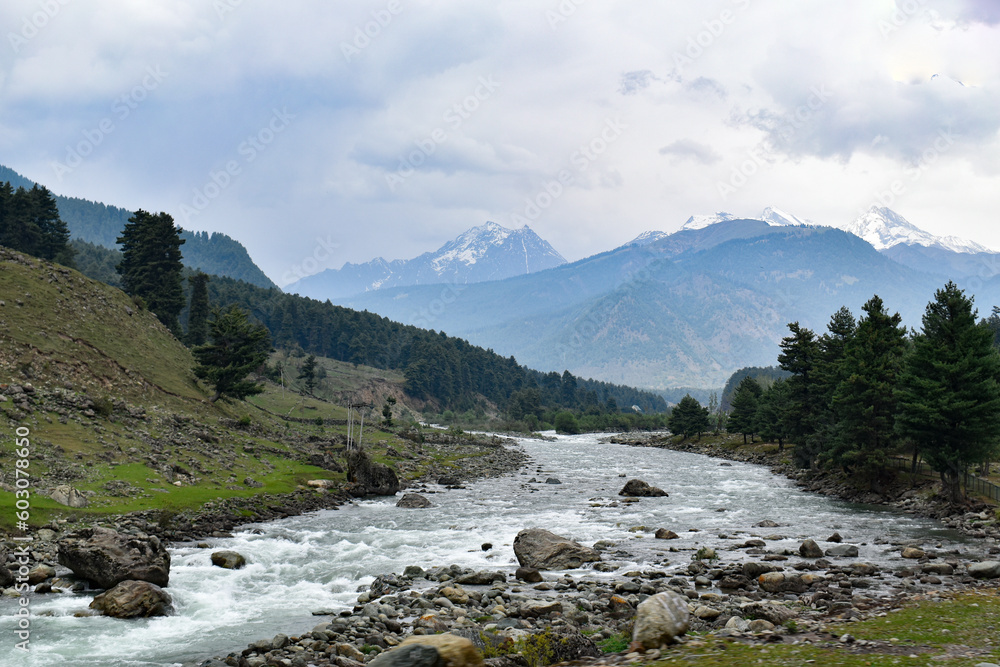 Scenic river in the mountains in Kashmir 
