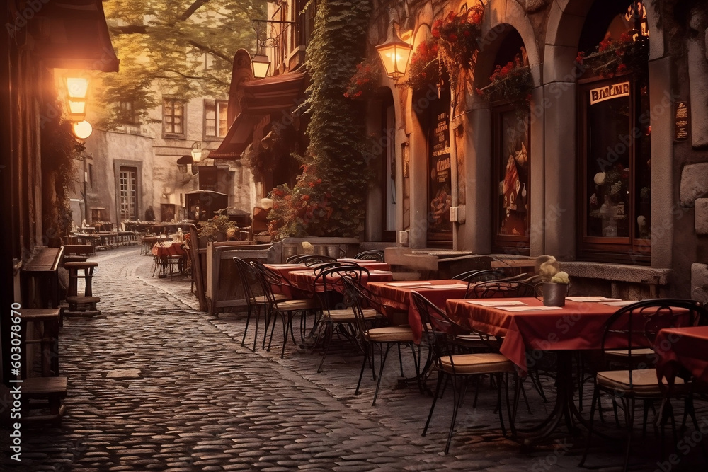 A restaurant with tables and chairs on a cobblestone street. Generative AI