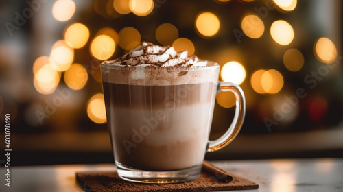 A soft focus image of a cup of hot chocolate with shallow depth of field and blurred surroundings, creating a cozy atmosphere.