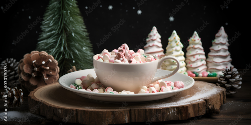 Mug of hot cocoa with white and pink marshmallow and candies. Christmas dish. Generated AI 