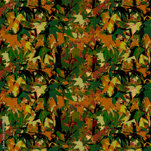 Maple Tree Camouflage Green Rust, Leaves, Seamless Vector Repeating Pattern