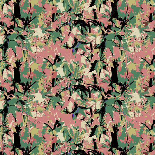 Maple Tree Camouflage Pink Green, Leaves, Seamless Vector Repeating Pattern