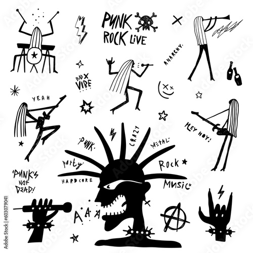 punk rock musical band vector doodle set