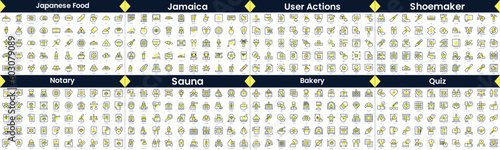 Linear Style Icons Pack. In this bundle include japanese food, jamaica, user actions, shoemaker, notary, sauna, bakery, quiz