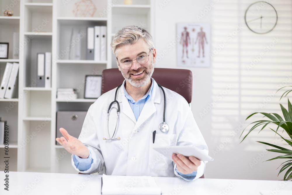 Portrait of a smiling senior male doctor who remotely consults patients online, sits in the office at the table and talks to the camera on a video call Portrait of a smiling senior male doctor who remotely consults patients online, sits in the office at the table and talks to the camera on a video call